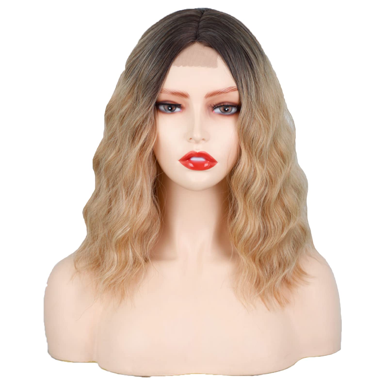 Luovce Synthetic Wigs For Women Shoulder Length Short Wavy 14 inches Small-Part-Lace Front Wigs Ombre Blonde Color #R4/27/613 โ image 1