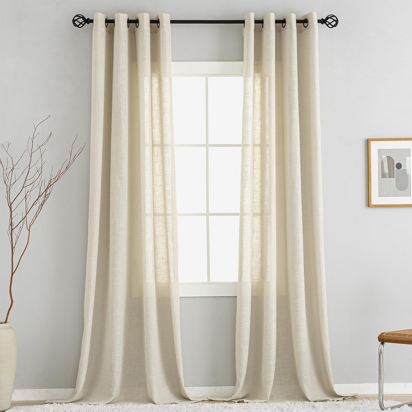 VOILYBIRD Natural Linen Texture Curtains with Eyelets, Linen Curtains for Windows, Living Room (Beige, H x W 245 x 140 cm, Pack of 2)