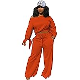 TOPSRANI Womens 2 Piece Outfits Casual Solid Sweatsuits Baggy Long Sleeve Loose Matching Wide Leg Tracksuit Pants Sets