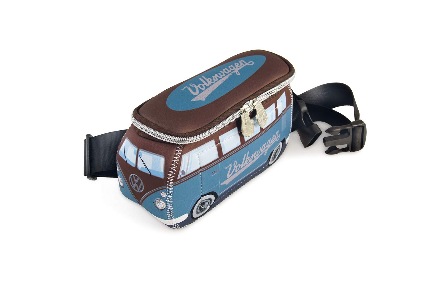 BRISA VW Collection - Volkswagen Neoprene Hip Bag Belly Bag Money Belt Crossbody Bag for Outdoor and Travel in T1 Bus Campervan Design (Petrol/Brown)