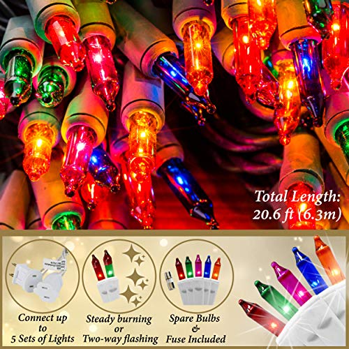 Holiday Essence 100 Multi-Color Christmas Lights with White Wire - Professional Grade for Indoor/Outdoor Use - Static + Flashing, UL Certified.