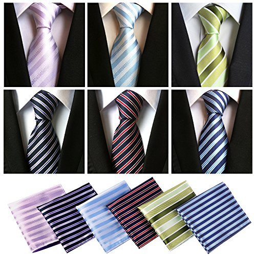 Lot 6 Pcs Mens Ties and 6 Free Matching Pocket Squares, Men's Classic Tie Necktie Woven Jacquard Neck Ties Gift box packing (6+6 style 07)