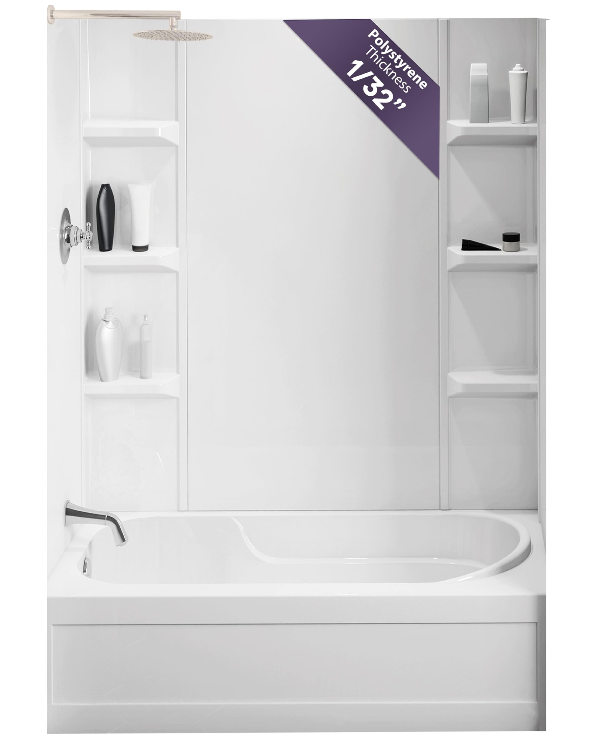 Photo 1 of Lightweight Polystyrene Tub Wall Surround D32"x W60"x H58" - Waterproof, Easy-to-Install, Includes Two Shelf Units - Bathtub Wall Surround Panels, Plain Pattern, Classic Shelves - Noah William Home