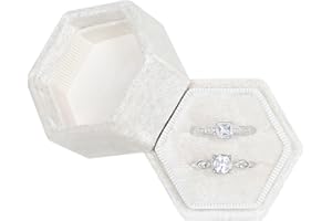 Vicoter Velvet Ring Box, 2 Slots Hexagon Jewelry Ring Gift Box Vintage Ring Display Holder Case for Wedding Ceremony Proposal Engagement (Ivory)