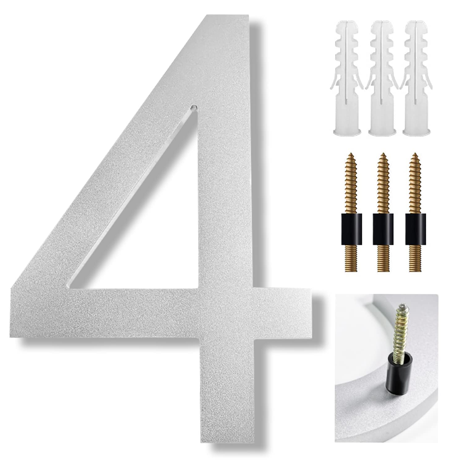 UoQo 8 Inch Large House Numbers, Floating Sliver House Numbers Plaques，Modern Door Numbers Plates Signs with Nail Kit for Outside Wall Address Garden Mailbox Dec,Strong Sliver Acrylic Material(4)