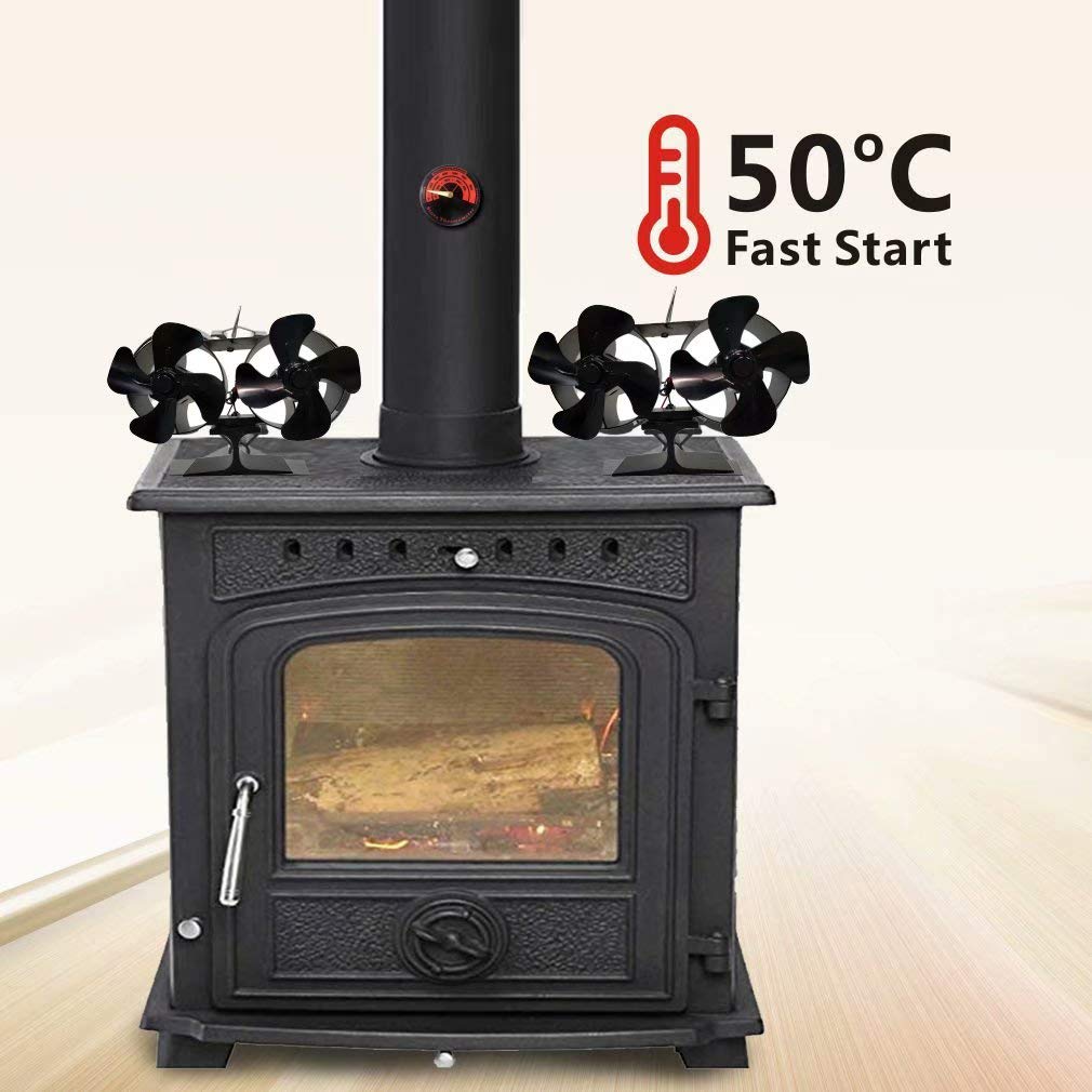 Double Motor 8 Blade Stove Fan With Stove Thermometer Heat Powered Large Room For Fireplace Wood Log Burner Black