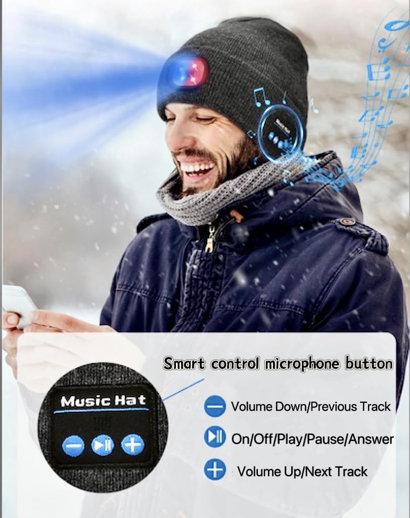 Zyntrazy Bluetooth Beanie with Light, Unisex Gift for Men, Women,Wireless Headphones for Fishing Jogging Working Black
