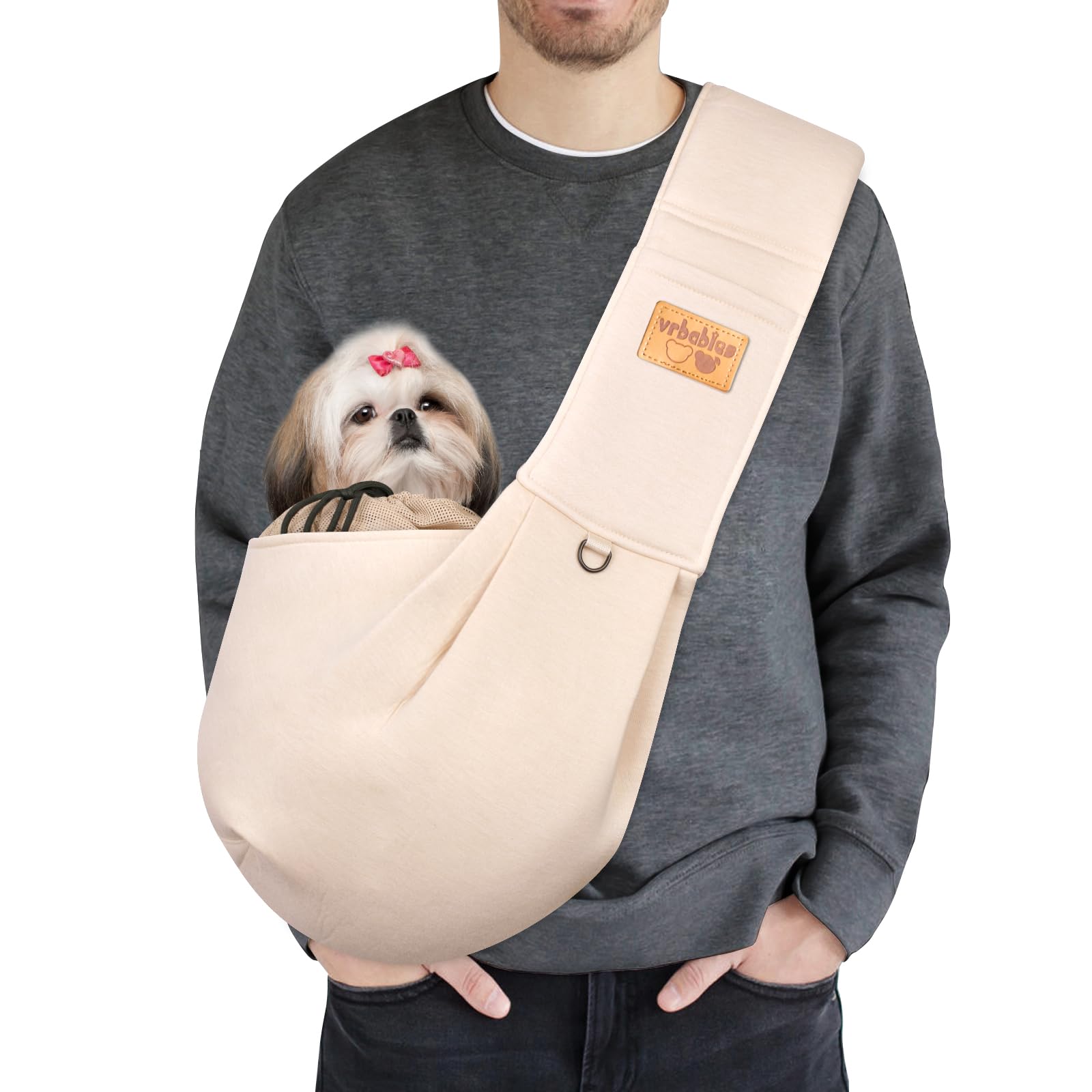 vrbabies Dog Carrier for Small Dogs, Puppy Sling Carrier with Adjustable Strap Soft Cotton Dog Carrier Bag Dog Sling Carriers with Pocket for Travel Outdoor (Thick straps, Beige)