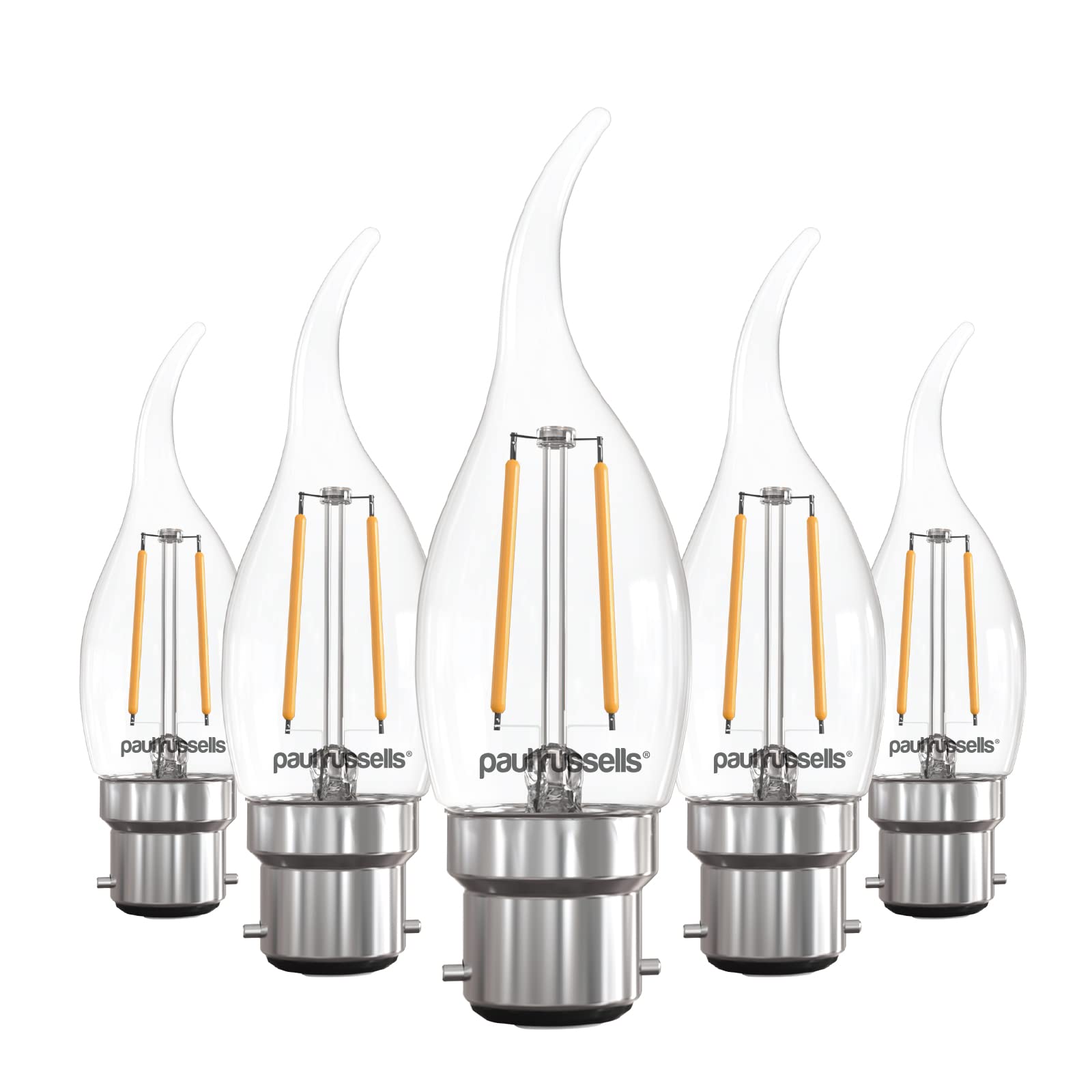 paul russells LED Flame Candle Filament Light – 2.5W 25W Equivalent Replacement, 250LM Lumens, 2700K Warm White, BC B22 Bayonet Cap C35T Bulbs – Bright Energy Saving Non-Dimmable Lamps - 5 Pack