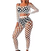 Kaei&Shi Sexy Fishnet Bodysuit Stockings,Mesh Long Sleeve Crop Top Lingerie,Hollow Out Music Festival Rave Outfits