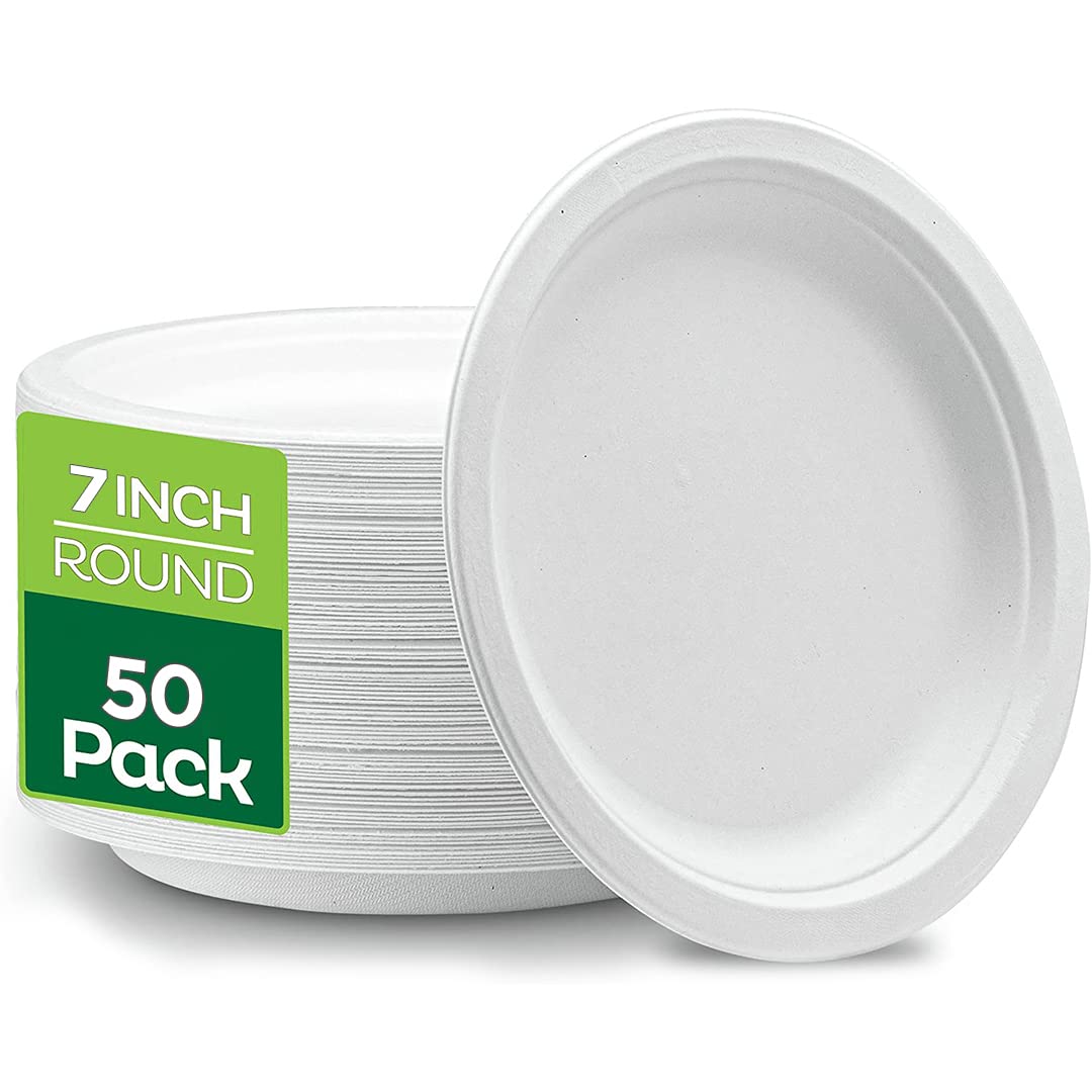 RYKON Super Rigid Disposable Plates (7 Inches) (Pack of 50), 100% Biodegradable White Bagasse Paper Plates, Made of Sugarcane Fibers - Perfect for Picnics Parties