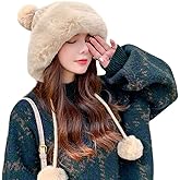 Winter Pompom Beanie Hats for Women Fluffy Knit Womens Beanie Faux Fur Crochet Skull Cap Warm Bucket Outdoor Ear Cover