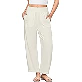 GRAPENT Linen Pants Women Wide Leg High Waisted Cropped Barrel Pull On Smocked Elastic Waist Summer Pants with Pockets