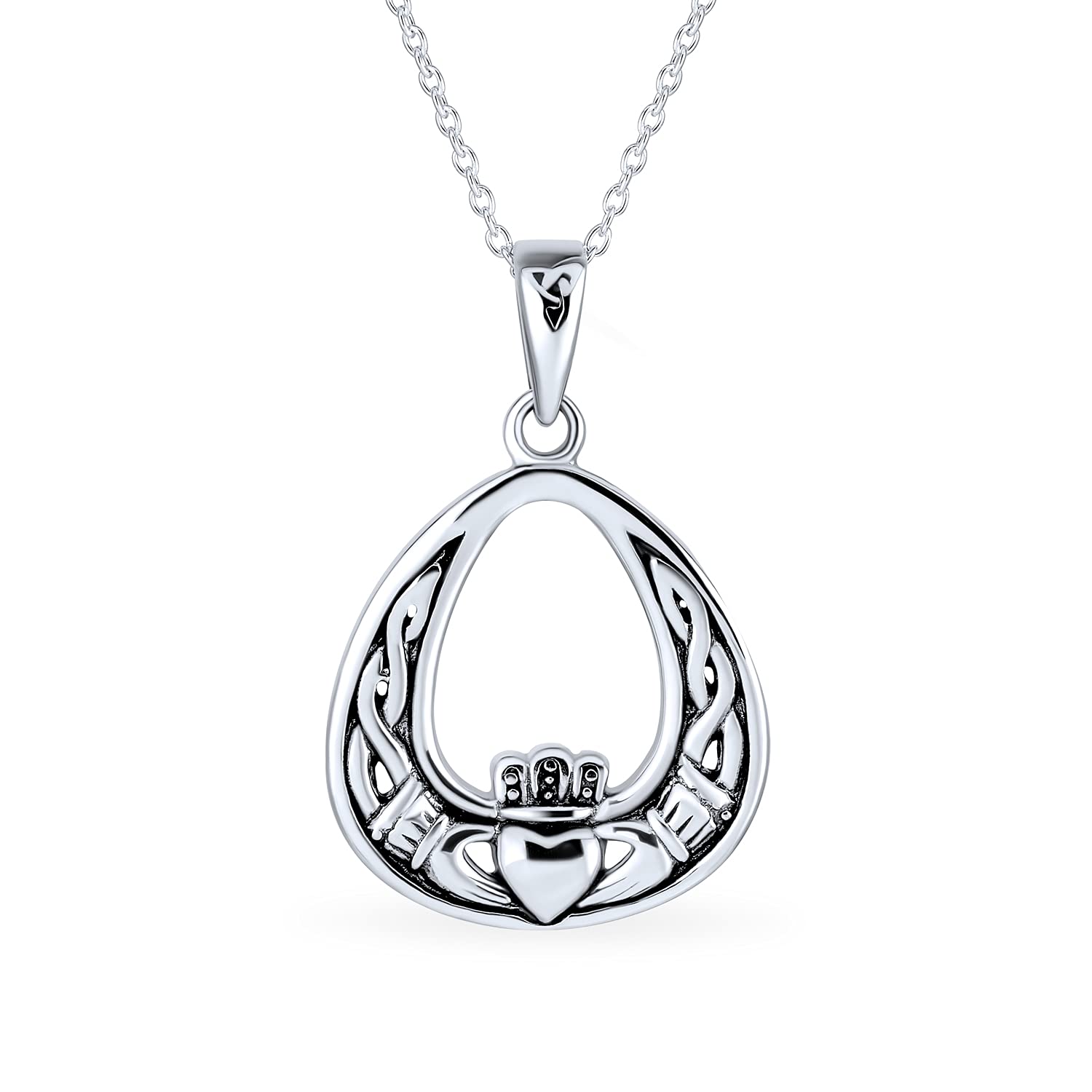 Bling Jewelry Romantic BFF Irish Celtic Infinity Love Knot Irish Friendship Large Claddagh Pendant Necklace For Women Teen Oxidized .925 Sterling Silver