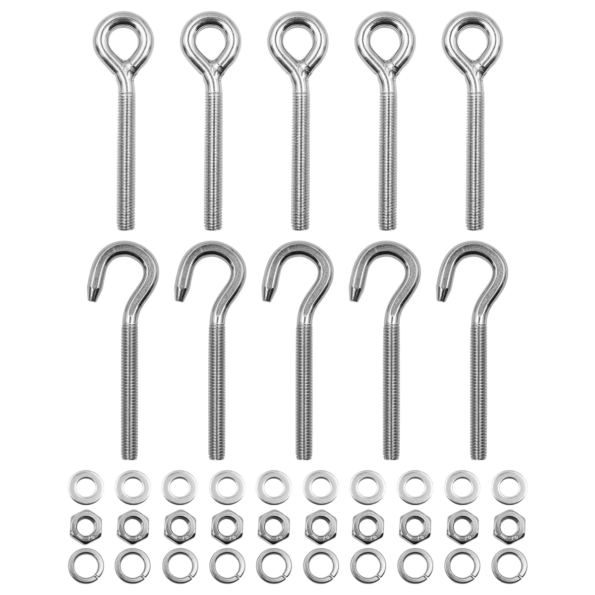 Pack of 10 Mixed ZONADAH M6 Eye Ringbolt & Hook Bolt Long Shank 304 Stainless Steel Closed Weld Coil Screw Threaded Rod for Hammocks, Swing Chair, Garden, Boat, Yacht, Marine