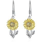 Just Follow Handmade 3D Sunflower Daisy Flower Dangle Drop Earrings Vintage Silver Leaf Bohemian Little Daisy Flower Hook Earring for Women Cute Elegant Summer Boho Jewelry