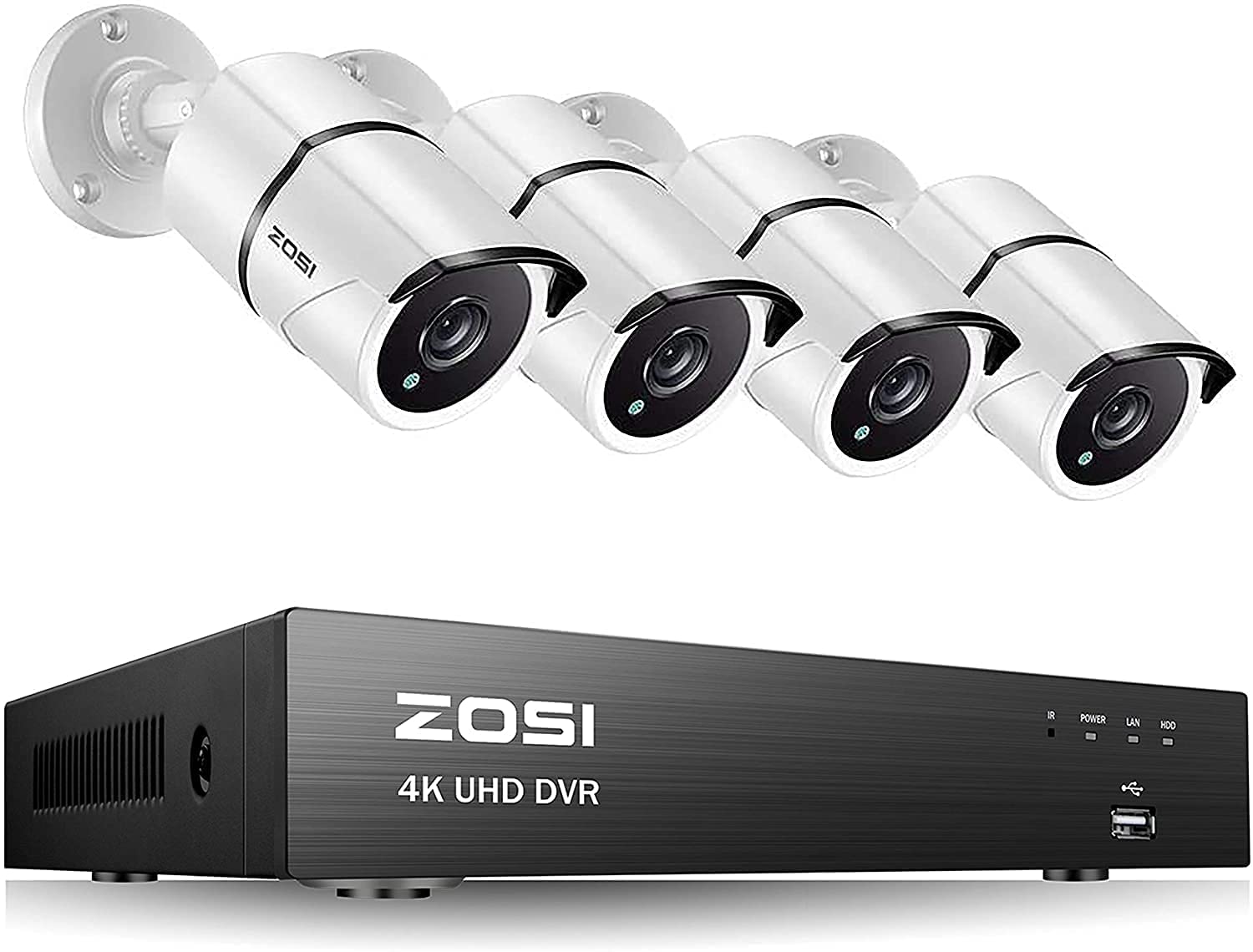 ZOSI 4K Ultra HD Security Cameras System,4CH H.265+ Surveillance DVR with 4x8MP Outdoor Home Security Bullet Camera,150ft Night Vision Remote Access, Motion Detection, NO Hard Drive