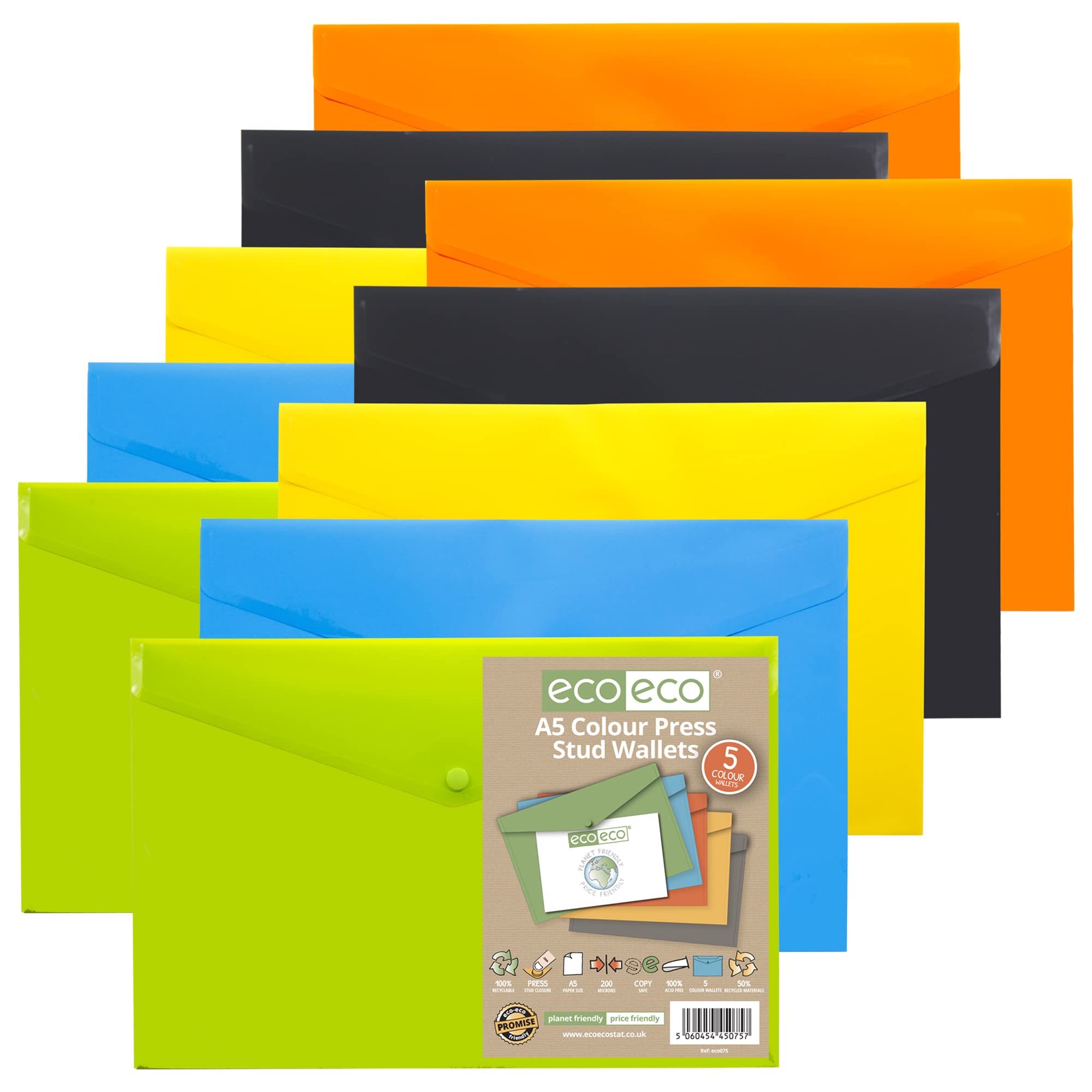 eco-eco A5 50% Recycled Assorted Colours Press Stud Popper Wallet, Plastic Folders (Pack of 10), Green, Black, Blue, Yellow, Orange, eco075x2