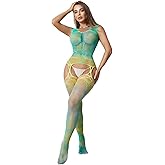 Womens Sexy Body Stockings Fishnet Lingerie Lace Mesh Bodysuit Sleeveless Hallow Out Rave Outfit One Piece Babydoll Jacquard