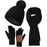 Women's Winter Beanie Hat Scarf Gloves Set,Fleece Lined Knit Pom Hat Long Scarf with Touchscreen Gloves Gifts for Women