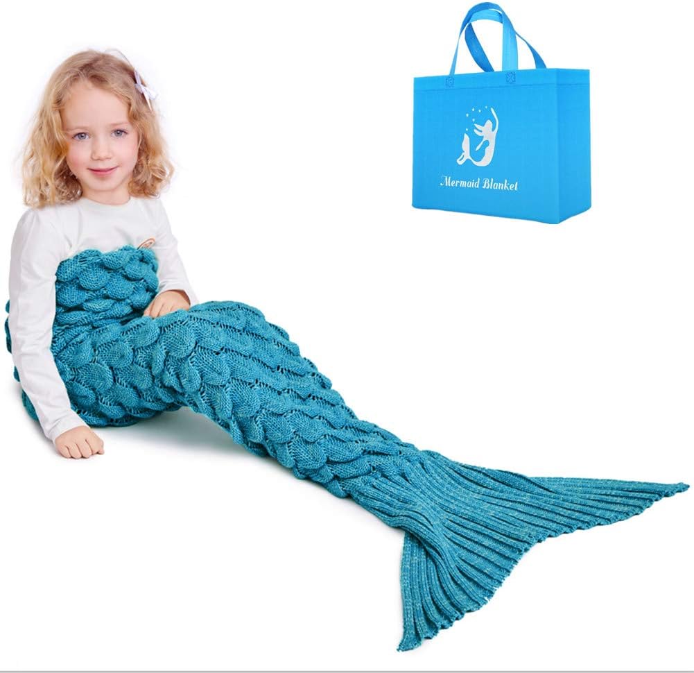 Kids Mermaid Tail Blanket - Soft and Warm Mermaid Tails Sleeping Blanket Handmade Kinnted Living room blanket for teen child kids 140x70cm(Fish Scale Blue)