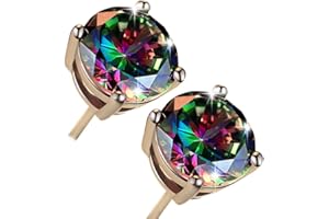 YANGGUOGUO 18K White Gold Plated Rainbow Quartz Stud Earrings Colourful Fashion CZ Created Mystic, Round Solitaire Mystic Earrings Hypoallergenic for Women Men Jewelry Gifts