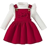 Little Princess Girls Corduroy Overall Dress with Bow and White Long Sleeve T-Shirt Set Toddler Holiday Party Outfit