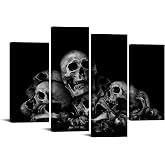 iKNOW FOTO Large 4-Panel 48x33 Black and White Skulls Canvas Wall Art - Abstract Halloween Day of Dead Skeleton Picture Print, Ready to Hang for Home Bedroom Decor