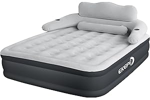 EKEPE Inflatable Queen Air Mattress with Headboard, 18 Inch Blow Up Air Mattress with Built-in Wireless Pump, Comfort Portable Air Bed Queen for Camping & Home - Grey
