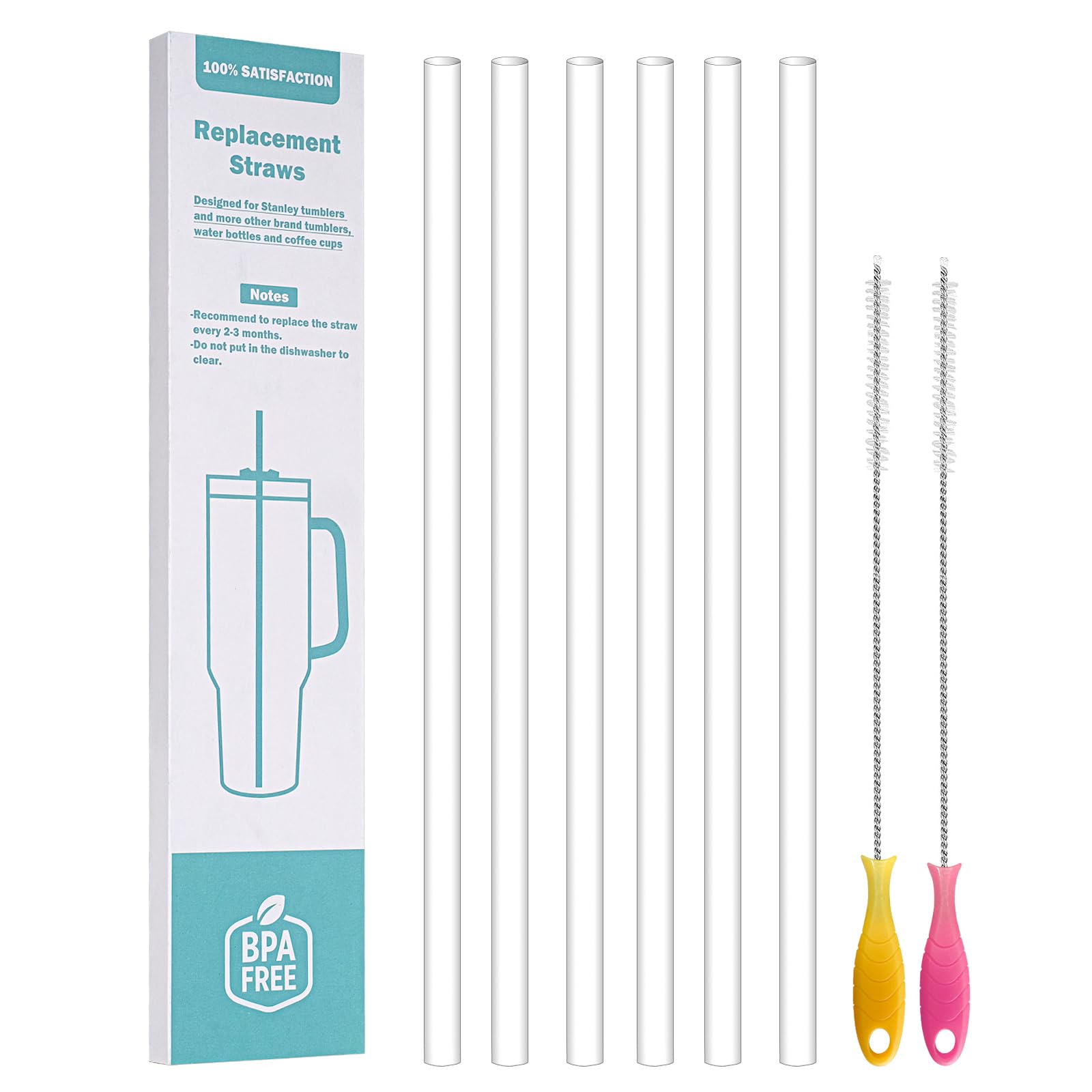 WK IEASON WK ieason Replacement Plastic Straws Reusable Drinking Starws Compatible with Stanley 20-40oz Tumblers and Other Brands with 2 Colorful Straw Brushes, Non Toxic Clear Straws