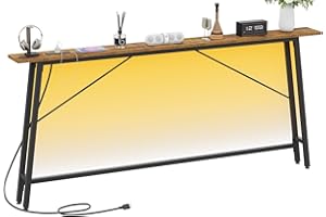 Asgolion 71''Console Table with Charging Station and LED Light, Narrow Sofa Table with Power Outlets and Type C & USB Port, Behind Couch Table for Living Room, Entryway, Hallway, Rustic Brown