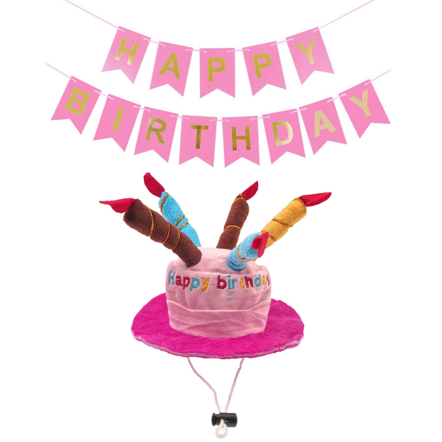 JZK Cake candle shaped pink velvet birthday hat cap toy and pink HAPPY BIRTHDAY banner for girl dog cat, pet dog cat birthday party decorations accessories