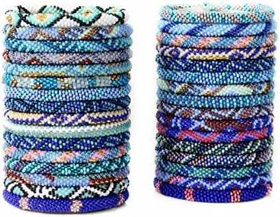Gypsy Cat Nepal Roll On Bracelet SET of 6 BLUE THEME, Glass Seed Bead Crochet Bracelets Handmade in Nepal