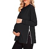 Women's Maternity Shirts Long Sleeve Sweatshirt Zipper Split Side Pregnancy Casual Tunic Top