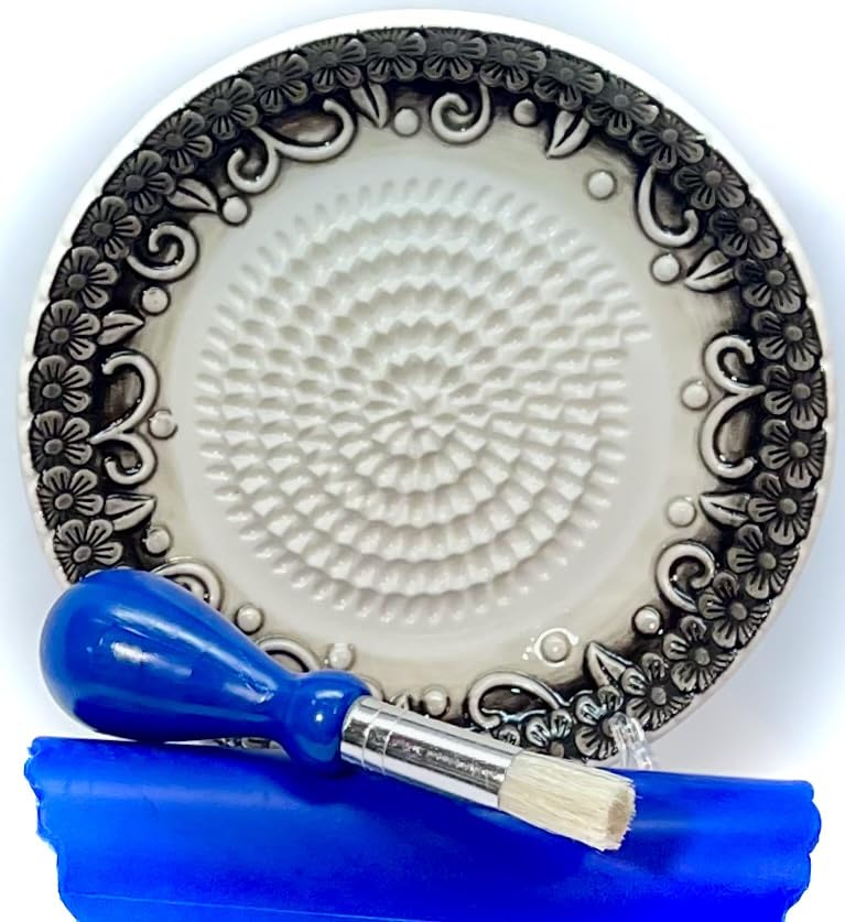 Photo 1 of BonCera, All-in-one 4pcs Prime Ceramic Garlic Grater Set - Black Embossed Design Grater Plate w/Garlic Peeler, Gathering Brush, Display Stand, It's also grating Turmeric, Ginger, etc