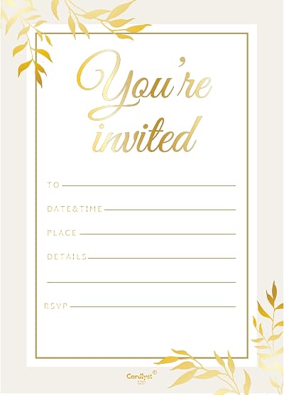 Cardlyst A6 Party Invitations 25 Pack White Gold Foil Print Birthday Baby Shower
