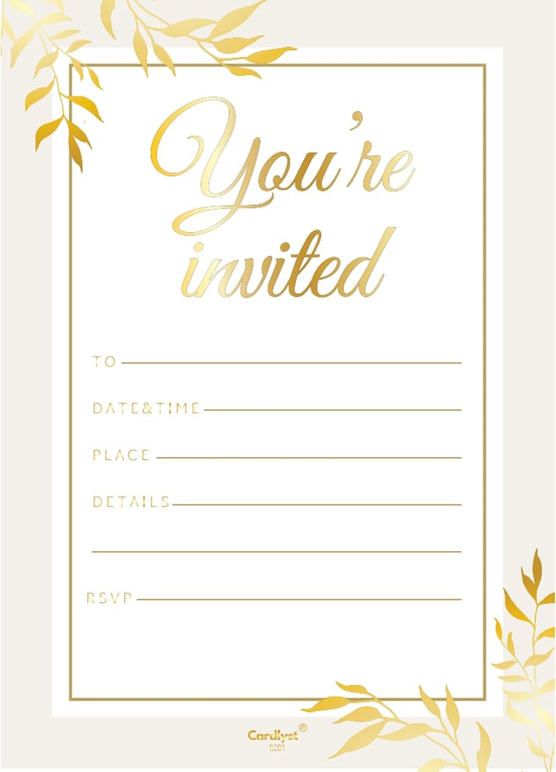 Cardlyst A6 Party Invitations 25 Pack White Gold Foil Print Birthday Baby Shower