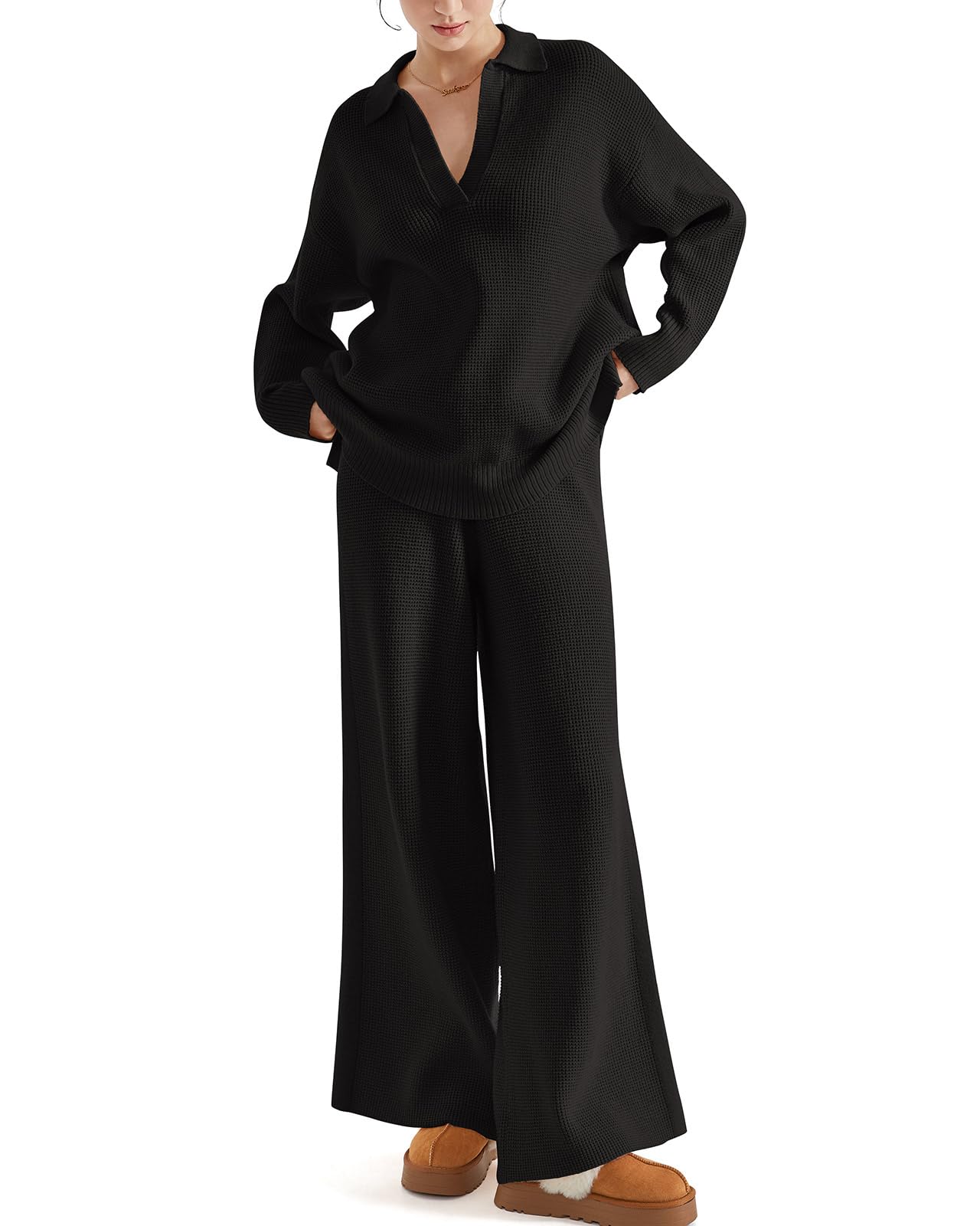Photo 1 of SUUKSESS Women 2 piece Fall outfits Long Sleeve Oversized Matching Lounge Set Waffle Knit Polo Sweater sets (Black,M)