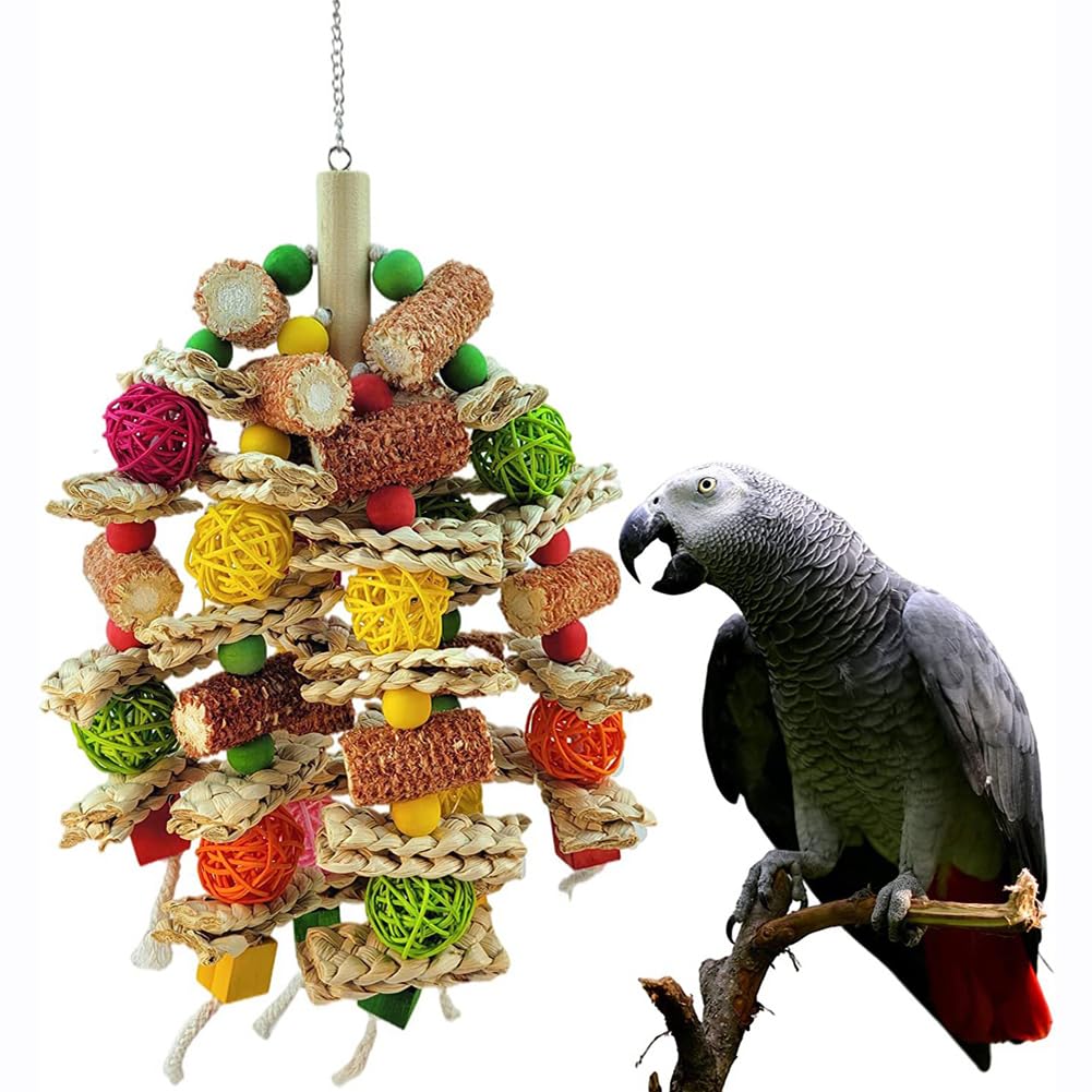 Hodeffior Bird Parrot Hanging Chew Toys Rattan Ball Corn Cob Teeth Grinder Toys Cage with Colored Wooden Beads Parrot Cage Bite Toys for Large Medium Parrot African Grey Parrot, Macaws, Cockatoos