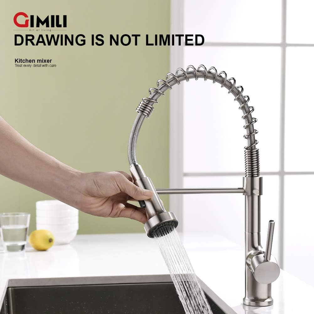 GIMILI Kitchen Faucet with Pull Down Sprayer Commercial Single Handle Lever Spring Kitchen Sink Faucet Brushed Nickel - - 