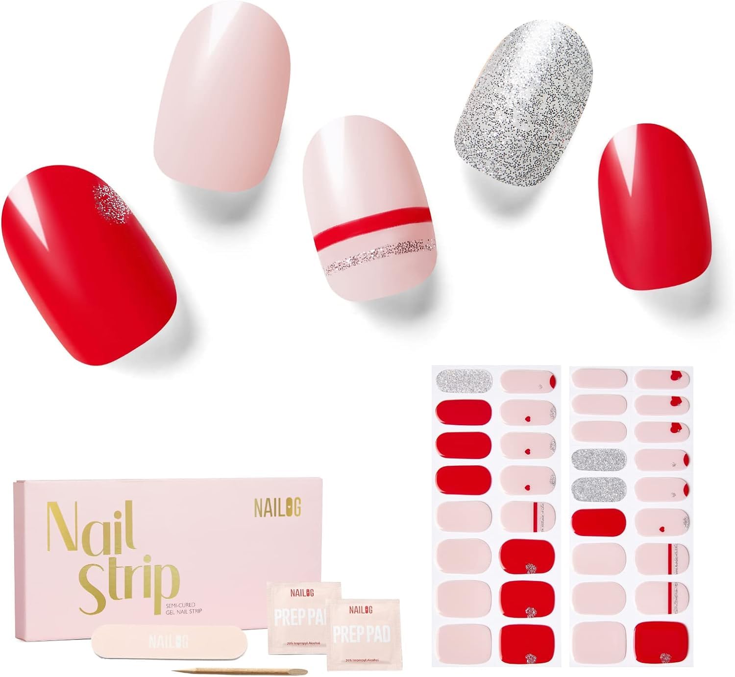 NAILOG Semi Cured Gel Nail Strips Valentine, 34 pcs Salon-Quality Gel Nail Stickers, Long Lasting Nail Wraps for Women with Soft Gel Finish, Baby Pink & Red, Heart Print, Love Note — image 1