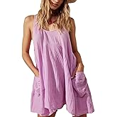 HUEOBIR Women Casual Dresses Sleeveless Crew Neck Backless Tunic Mini Dress Loose Flowy Tank Sundress with Pockets