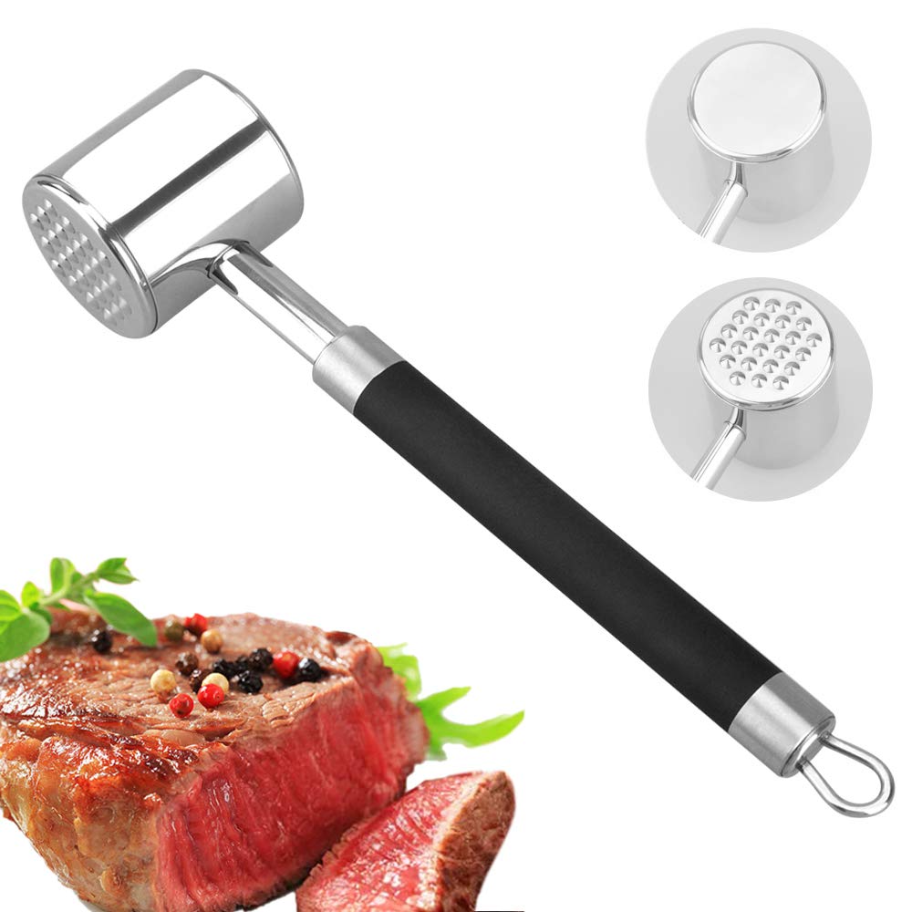 Heavy Duty Metal Meat Tenderiser Hammer, Double Sided Stainless Steel Meat Tenderizer Hammer with Anti-Slip Black Silicone Handle, Meat Tenderiser Mallet Kitchen Tool for Steak & BBQ - Dishwasher Safe