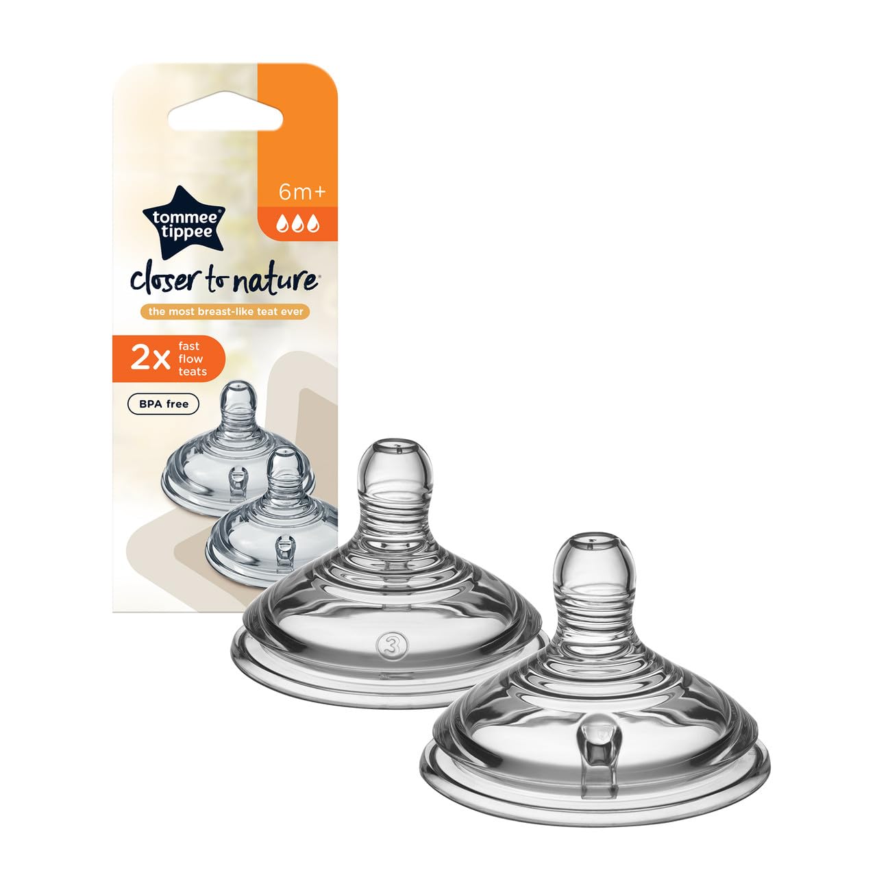 Tommee Tippee Closer to Nature Baby Bottle Teats, Breast-Like, Anti-Colic Valve, Soft Silicone, Fast Flow, 6m+, Clear, Pack of 2