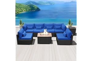 SUNPEAK Fire Table Set Sectional Outdoor Furniture Propane Firepit Dark Brown Rattan Multi Colors Outdoor Sofa Set (Royal Blue Rectangular Table)