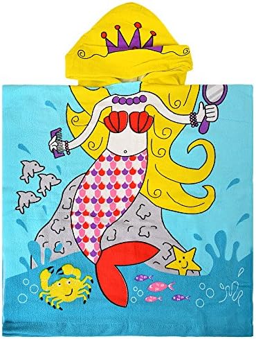 papasgjx 430GSM Quick Dry Microfiber Kids Hooded Poncho Towel, Cute Cartoon Beach Pool Bath Towel for Boys Girls Toddlers Babys (Mermaid)