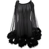 Yexinbridal Women's Feather Robe Fur Trim Silky Tulle Sheer Sexy Illusion Lingerie Nightgown Sleepwear Bridal Wedding Day