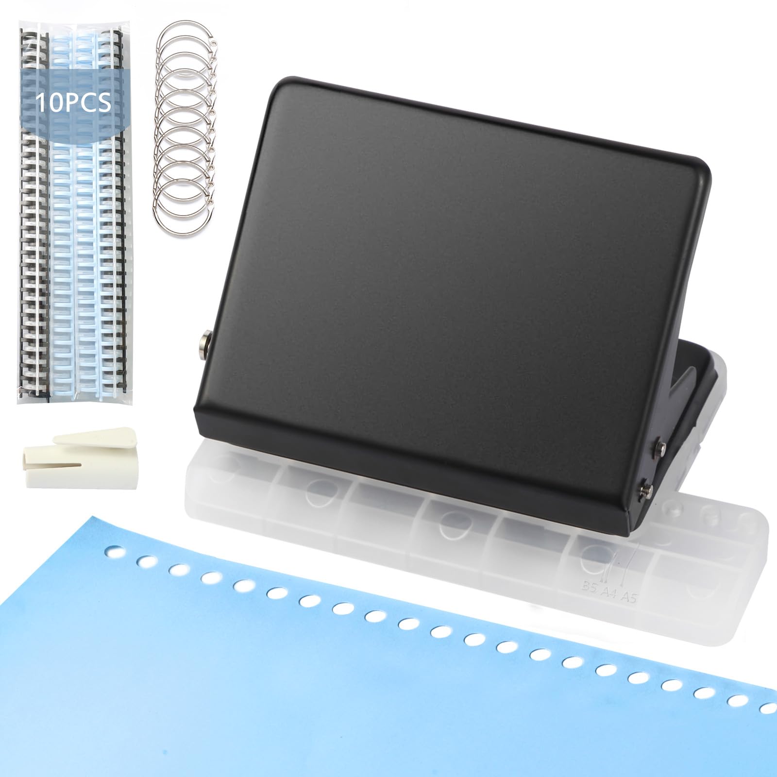 Photo 1 of 10 Hole Punch Binding Machine for Planner, Metal Binder Machine Kit with 10Pcs Plastic Comb Binding Spines & 30Pcs Loose Leaf Binder Rings, Binder Hole Puncher for A4, A5 and B5 Paper