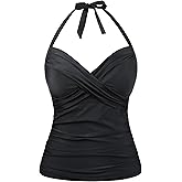Women's Tummy Control Tankini Tops Only Halter Underwire Swimsuits for Big Bust Front Twist Retro V Neck Bathing Suit Tops