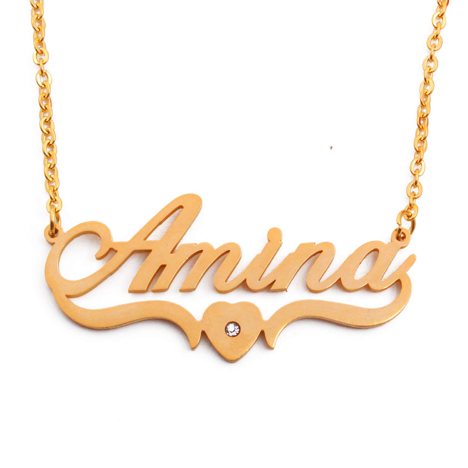 Kigu Amina Name Necklace Heart Shaped Personalised Gold Plated, Custom Dainty Name Pendants, Jewellery for Ladies, Girlfriend, Mother, Sister, Friends Inc Bag & Box